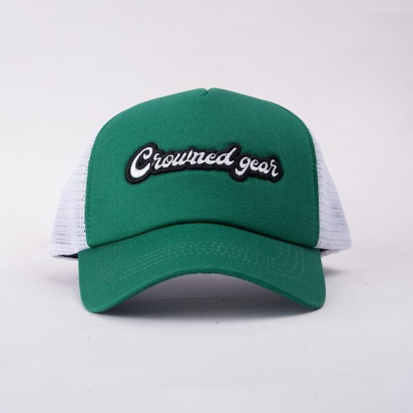 Striking green trucker cap showcasing its distinct style.